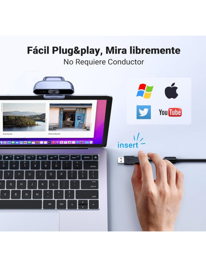 Webcam UGREEN Full HD 1080P con Micrófono Dual, Corrección de Luz Automática, Ángulo 85° y Rotación 360°