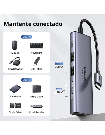Hub 6 en 1 Ugreen USB-C a 1 HDMI, 2 USB A, 3 USB C 4K Carga Rápida
