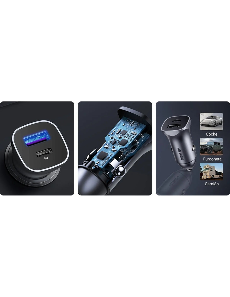 Cargador Auto Ugreen 30780 24W Usb-C PD Y Usb-A QC 3.0 Aluminio
