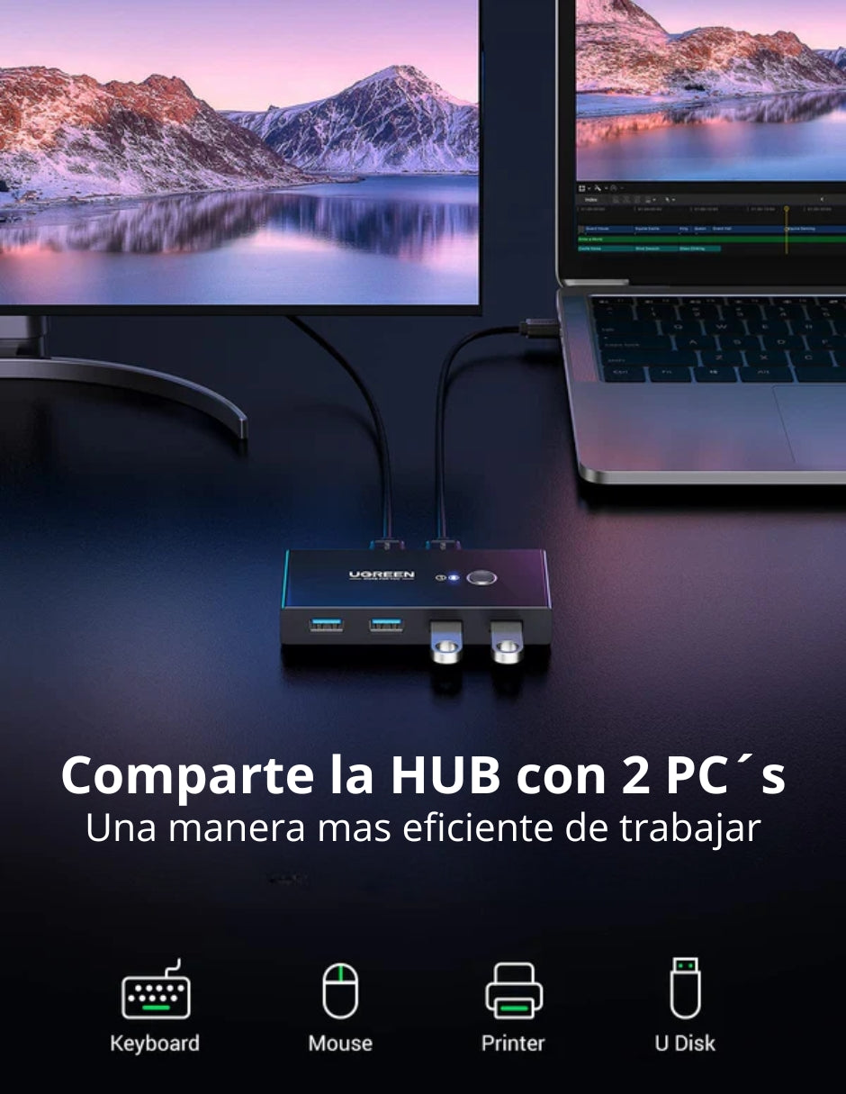 HUB adaptador 4 en 1 Ugreen con Switch selector 2 Salidas color negro