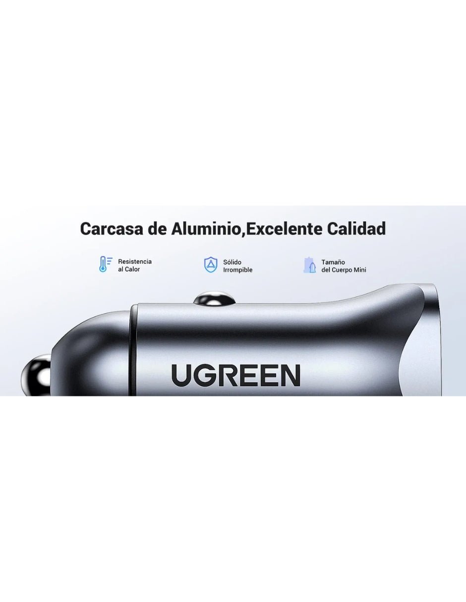 Cargador Auto Ugreen 30780 24W Usb-C PD Y Usb-A QC 3.0 Aluminio