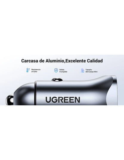 Cargador Auto Ugreen 30780 24W Usb-C PD Y Usb-A QC 3.0 Aluminio