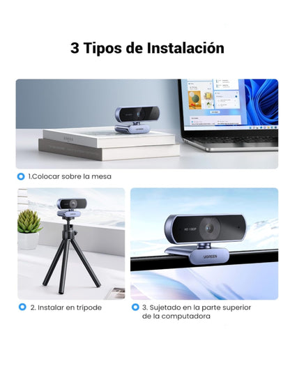 Webcam UGREEN Full HD 1080P con Micrófono Dual, Corrección de Luz Automática, Ángulo 85° y Rotación 360°