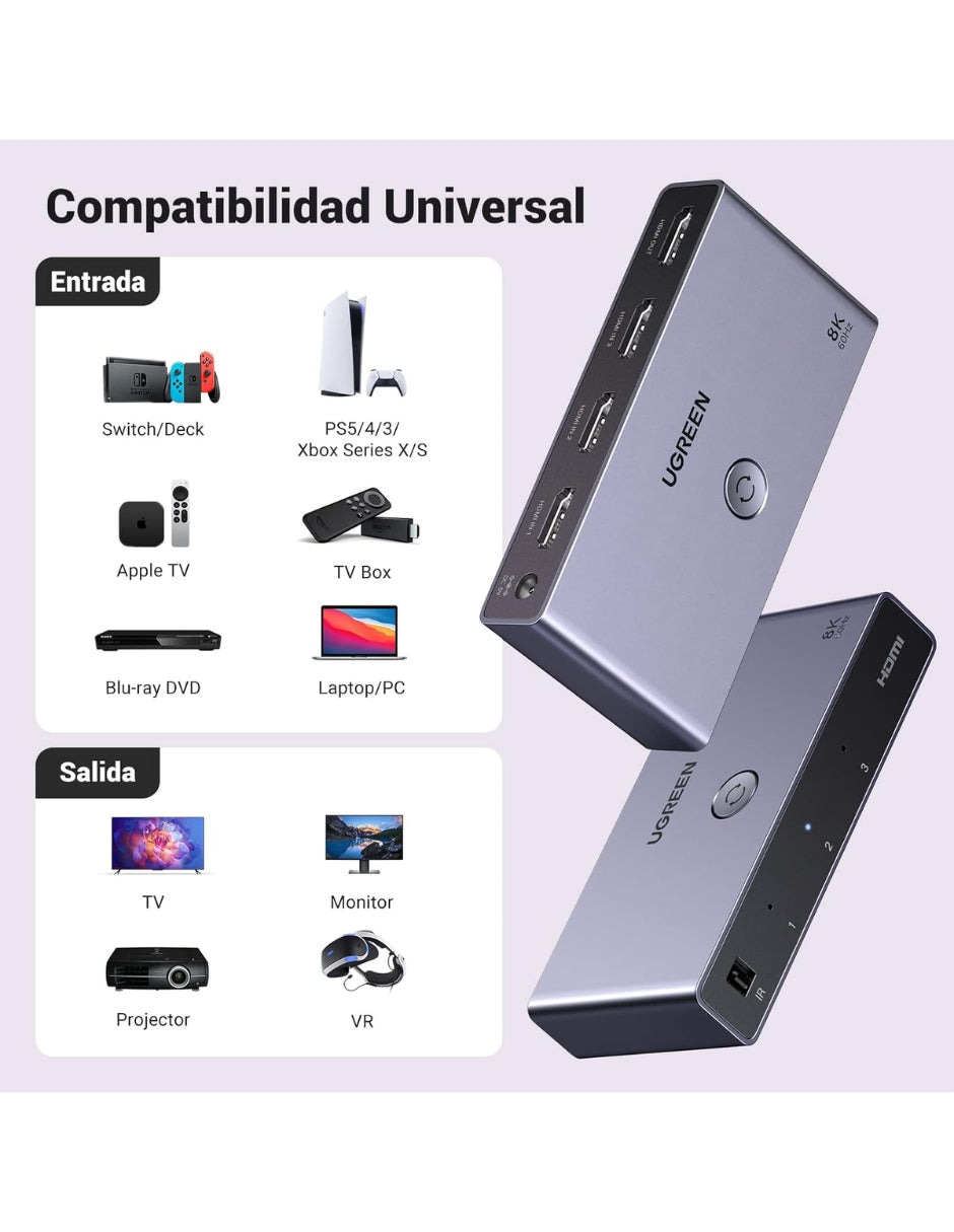 Switch HDMI UGREEN 3 Entradas 1 Salida 4K 60Hz / 8K 