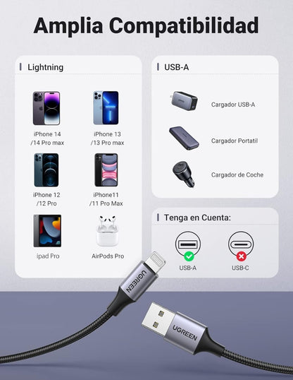 Cable USB-A a Lightning Ugreen Reforzado 1m MFI Negro