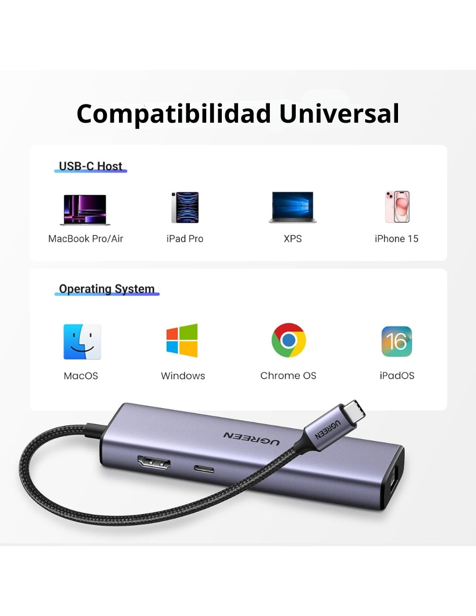 HUB USB-C 6 en 1 UGREEN 3 USB-A, 1 USB-C, HDMI 4K/30hz y Ethernet