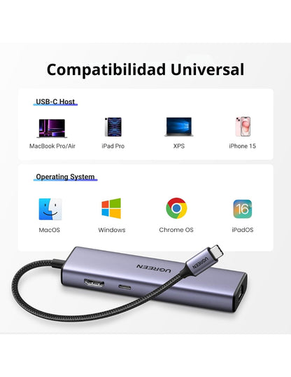 HUB USB-C 6 en 1 UGREEN 3 USB-A, 1 USB-C, HDMI 4K/30hz y Ethernet