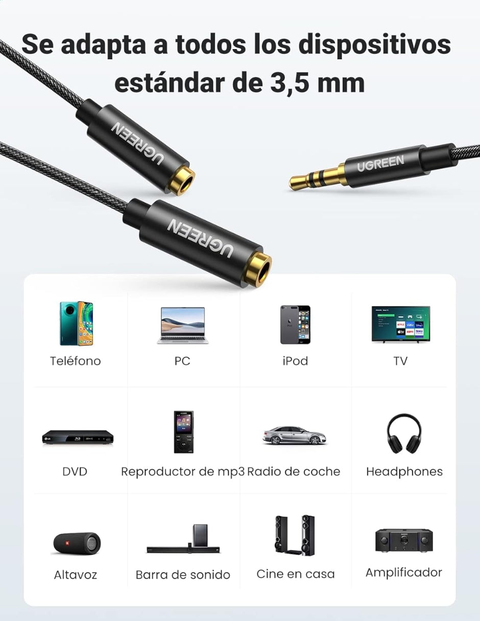 Cable Divisor Audio Ugreen Jack 3.5mm Macho A 2 Hembras Aux 20cm