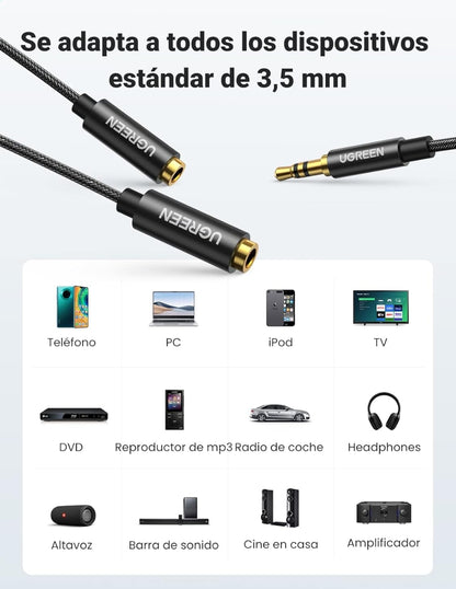 Cable Divisor Audio Ugreen Jack 3.5mm Macho A 2 Hembras Aux 20cm