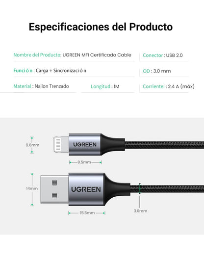 Cable USB-A a Lightning Ugreen Reforzado 1m MFI Negro