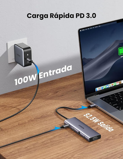 HUB 10 en 1 UGREEN 3 USB-A, 1 USB-C, 1 HDMI 4K/60hz, SD/TFT, Ethernet, VGA y Jack 3.5